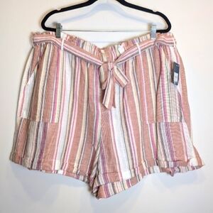 Lucky Brand Pink Green Striped Paperbag Waist Linen Blend Shorts Plus Size XXL